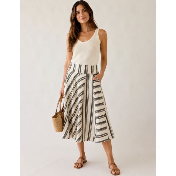 GAP Dresses & Skirts - GAP 100% Linen Striped A-Line Midi Skirt Cream Brown Size 4R